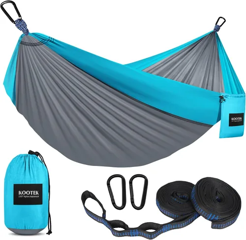 Vista 18 de Kootek - Hamaca portátil doble e individual con 2 correas para árboles, de nailon ligero de paracaídas para mochileros, viajes, playa, patio, Negro