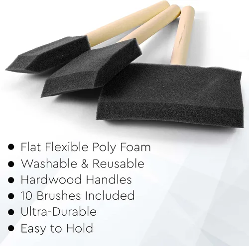 Vista 3 de Juego de 10 pinceles planos y flexibles de espuma de polietileno con punta biselada con asas de madera, ideal para aplicar pintura, pinturas a base