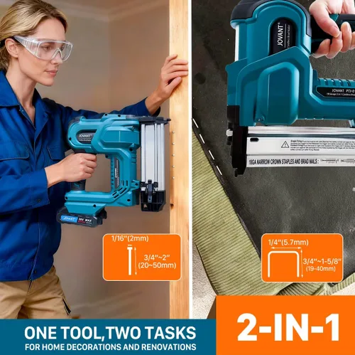 Vista 2 de Brad Nailer - Pistola de clavos eléctrica de calibre 18, clavadora de clavos 2 en 1 con 800 clavos y grapas, pistola de clavos con 2 baterías de 2.0