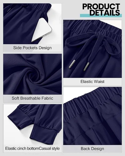 Vista 5 de 2 piezas de pantalones deportivos para mujer, pantalones deportivos de descanso con cordón, pantalones deportivos de cintura alta con bolsillos