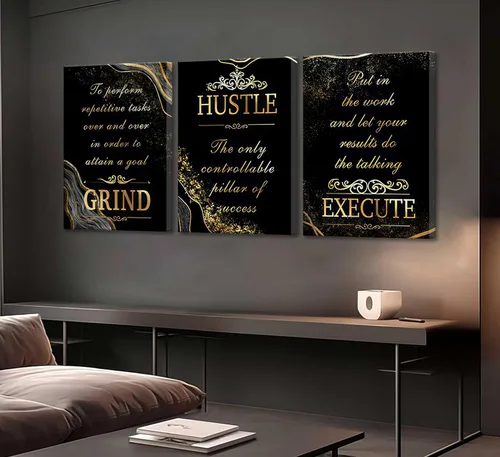 Vista 7 de 3 piezas de lienzo inspirador de oro negro para oficina, arte de pared, motivacional, moler ajetreo, ejecución, fotos inspiradoras, decoración