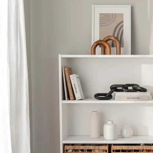 Vista 3 de PEAKOLY Decoración de estantería de arco de madera, detalles modernos de decoración de estantes, objetos decorativos para mesa de café, esculturas