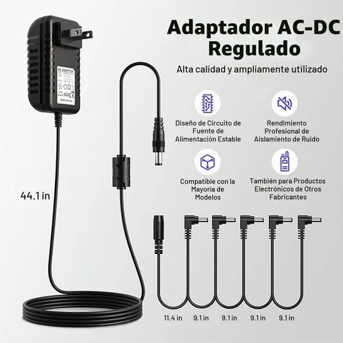 Vista 2 de Donner DPA-1 adaptador de suministro de energía de 9 V CD 1 A a pedal, punta negativa, cadena de cables con 5 conexiones para efecto de pedal.