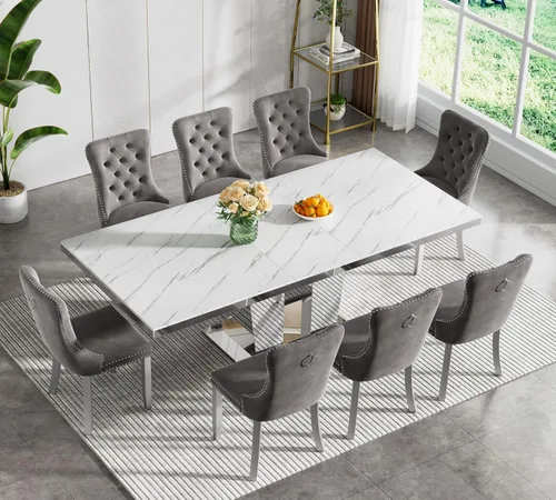 Vista 41 de Juego de mesa de comedor extensible de 5 piezas, juego de mesa de comedor extensible de estilo granja para 4, mesa de cocina expandible de madera