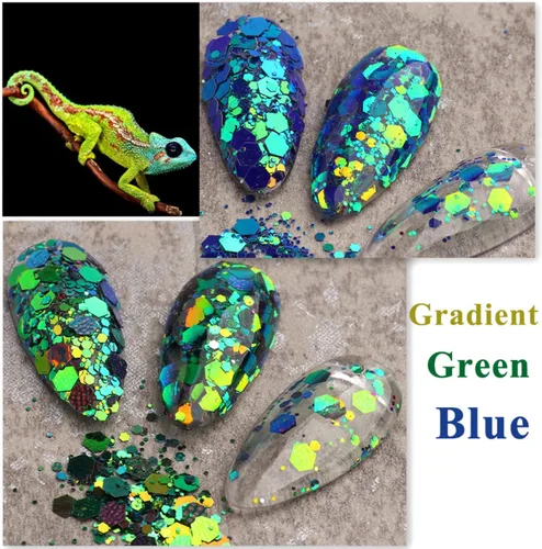 Vista 2 de Lentejas de purpurina camaleón para uñas, lentejuelas de arte de uñas holográficas 3D con gradiente láser, polvo de purpurina brillante en gel UV