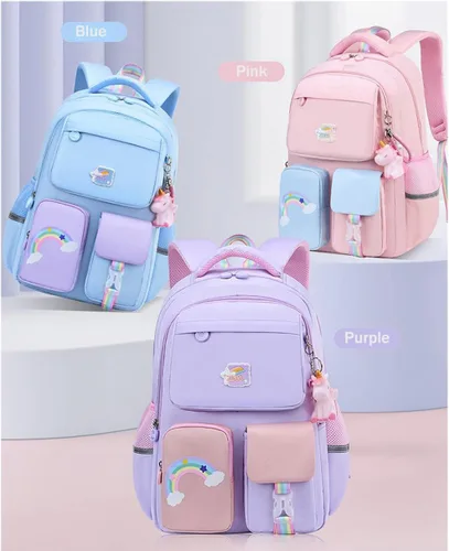 Vista 7 de Mochila escolar de unicornio para niños y niñas, bolsa escolar casual, duradera, ligera, bolsas de viaje, Azul, Unicornio arcoíris