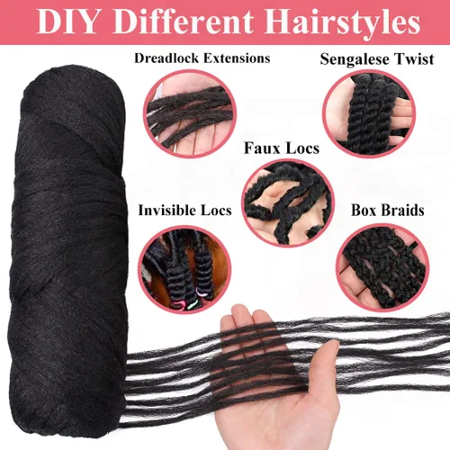 Vista 5 de COOKOO 2 rollos de hilo de lana brasileña color negro natural para cabello trenzado de ganchillo, trenzas, torsión, urdimbres, torsión senegalesa