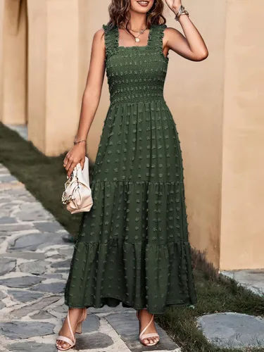 Vista 9 de MASCOMODA Vestido largo bohemio sin mangas fruncido para mujer, con tirantes de hombro sólidos, lunares suizos, acampanado, para fiesta, escalonado