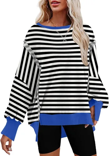 Vista 22 de SHEWIN Sudadera casual de gran tamaño de manga larga con costuras inversas y cuello redondo para mujer Un negro