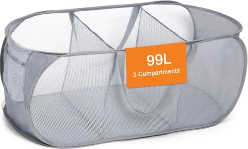 Vista 7 de Cestas de lavandería plegables, cesto de lavandería de malla plegable, cesta de lavandería emergente duradera, 2 cestos para ropa con compartimentos