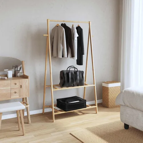 Vista 2 de Bamboo Clothing Rack, Varnished Finish, Adjustable Shelves, Foldable Garment Hanger for Bedroom Storage