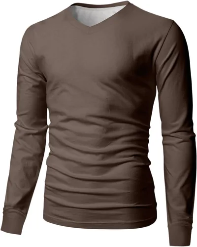 Vista 5 de Camiseta para hombre, manga larga, cuello en V, color liso, informal, básica, suave, elástica, M-3XL