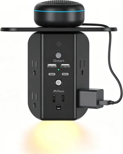 Vista 12 de Extensor de toma de pared con estante y luz nocturna, protector de sobretensiones, cargador de pared USB con 5 salidas de CA y 3 puertos USB A, 1