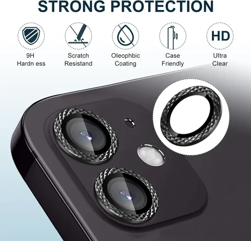 Vista 3 de Protector de lente de cámara compatible con iPhone 12/12 Mini/11 cubierta de cámara de vidrio templado, cubierta completa HD antiarañazos, anillo