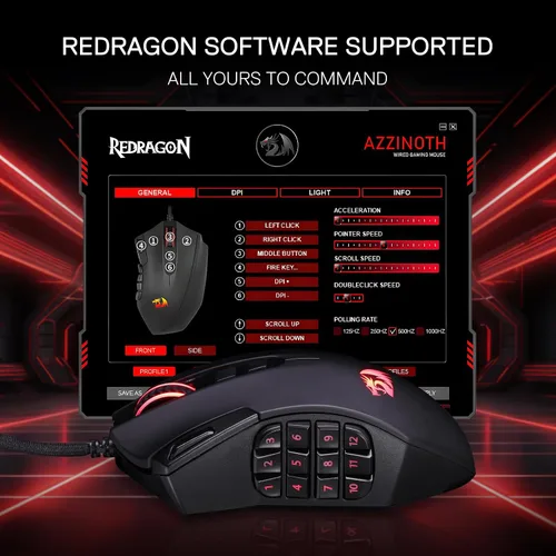 Vista 9 de Redragon M921 Ratón para juegos MMO, 12400 DPI de alta precisión con cable RGB con 18 botones programables, 12 teclas macro laterales, software