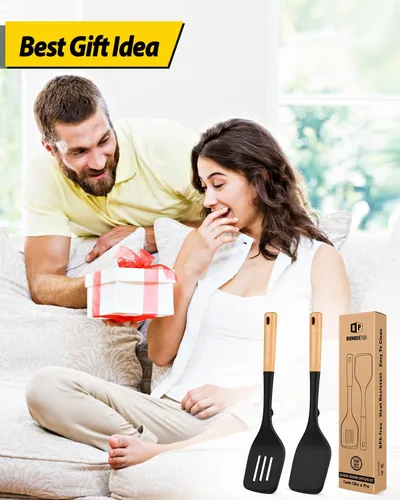 Vista 7 de Paquete de 2 espátulas grandes de silicona, espátulas sólidas resistentes al calor, espátulas ranuradas antiadherentes con mango de madera