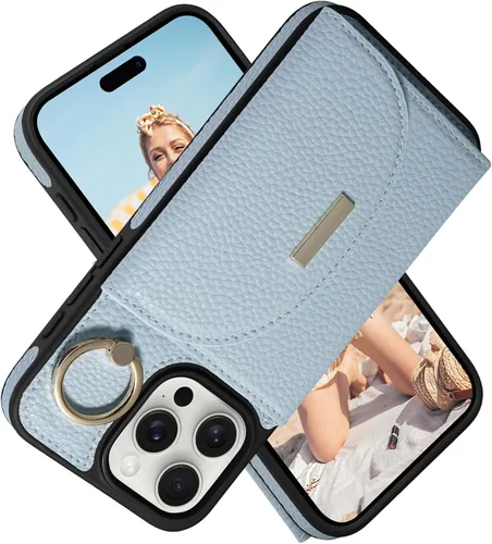 Vista 14 de Funda tipo cartera para iPhone 14 Pro Max de 6.7 pulgadas, con ranuras para tarjetas, soporte para anillos, funda protectora de piel sintética