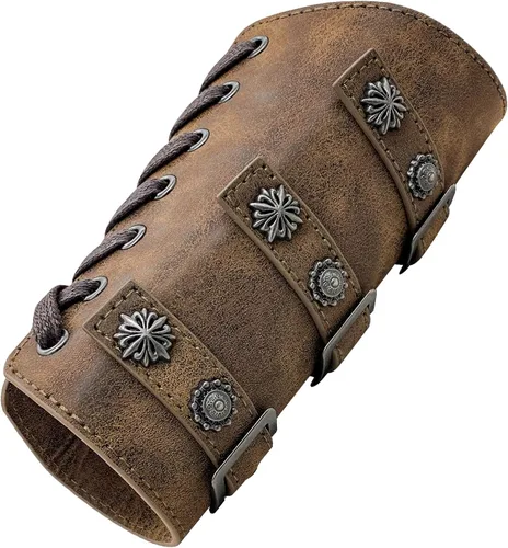 Vista 6 de Jeilwiy Brazaletes vikingos medievales de cuero para brazo de armadura de brazo, pulsera de cuero con guantelete punk para hombres y mujeres