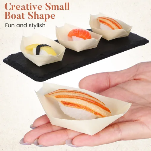 Vista 5 de Hemoton Platos de madera desechables de bambú para barcos de madera, mini sushi, bandeja para servir sushi, bandeja para servir sushi con hojas