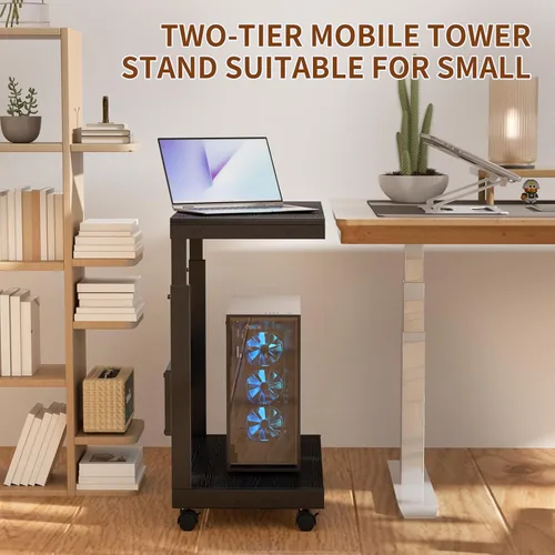 Vista 2 de Soporte de torre para computadora, soporte de torre para PC con ruedas, doble nivel y soporte de CPU ajustable de 5 niveles (23.2-33.5 pulgadas)