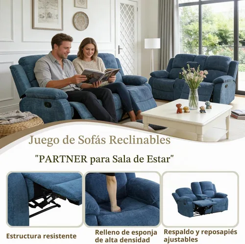 Vista 4 de Juego de sofá reclinable manual, juego de sofá reclinable de tela para sala de estar Azul/claro