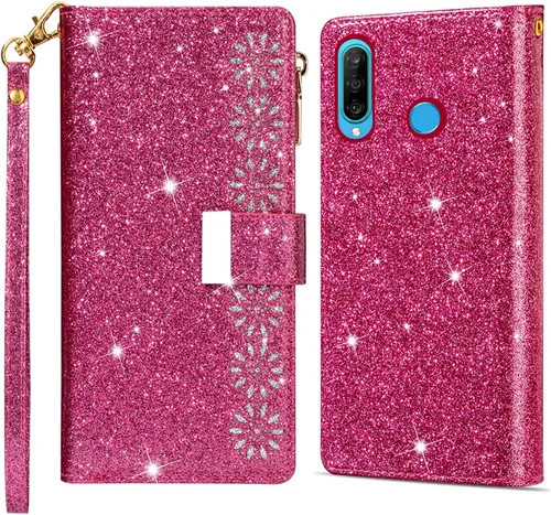 Vista 6 de Funda de teléfono para Huawei P30 Lite/Nova 4E con protector de pantalla de vidrio templado y correa para la muñeca Bling Glitter Flip Zipper
