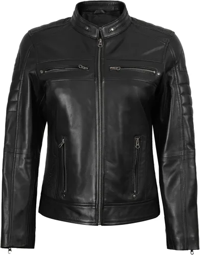 Vista 5 de Blingsoul - Chaqueta de cuero Cafe Racer para mujer - Chaquetas de piel de cordero real para mujer Negro