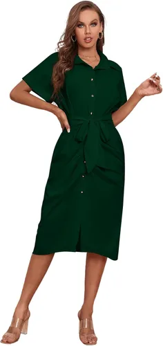 Vista 6 de LYANER Vestido midi de manga corta con cuello y botones para mujer