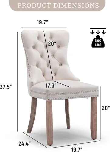Vista 2 de Juego de 2 sillas de comedor de terciopelo con patas de madera, color beige Mid Century Modern Dining Chairs,Upholstered Chairs with Nailhead