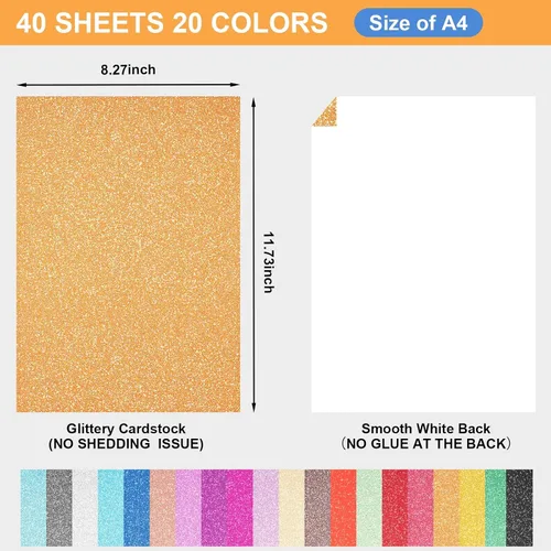 Vista 2 de 40 hojas de cartulina con purpurina de 20 colores, cartulina BetyBedy para Cricut, purpurina brillante sin desprendimiento, papel A4 con purpurina