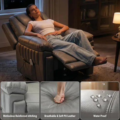 Vista 9 de Silla reclinable eléctrica con mecedora automática y control remoto Eco-pu Cuero Gris