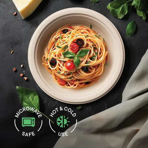 Vista 3 de Platos de Papel Hondos, Platos de Cena Desechables Resistentes [Paquete de 125] Platos de 9 Pulgadas - 100% Compostables Ecológicos, Bagazo de Caña
