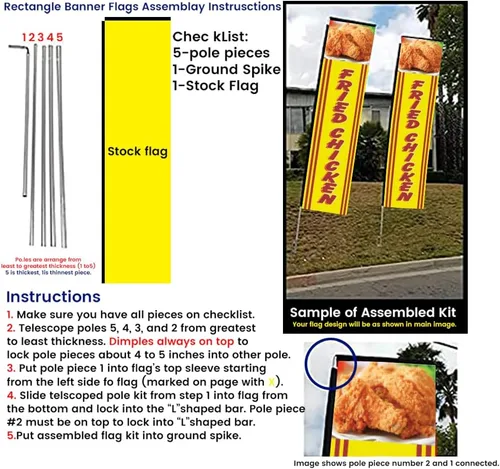 Vista 2 de Bandera rectangular de plumas de pollo frito con kit de poste de 15 pies y pico de tierra, letreros publicitarios al aire libre para restaurantes