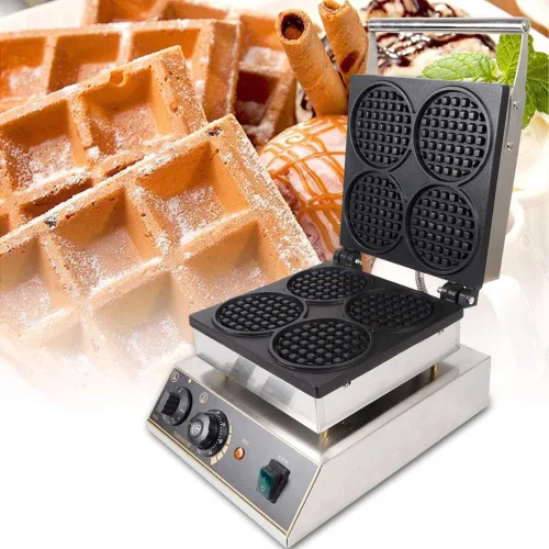 Vista 5 de Máquina de hacer gofres comercial de acero inoxidable de 1750 W, máquina de panadería redonda de 110 V, máquina eléctrica para hacer gofres de acero