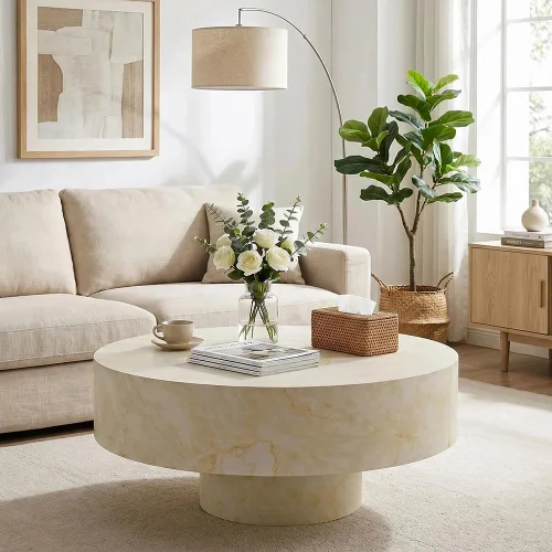 Vista 12 de Mesa de centro redonda de madera de 31.49 pulgadas con almacenamiento, mesa de centro circular acanalada de 2 niveles con tapa y estante para sala