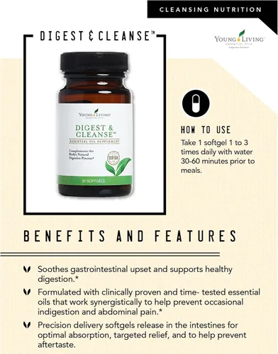 Vista 5 de Young Living Digest & Cleanse - Cápsulas de apoyo digestivo a base de hierbas prémium - Aromaterapia para una digestión óptima - Suplementos