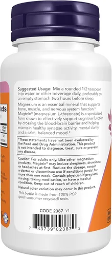 Vista 3 de Now Supplements, Magtein® con forma patentada de magnesio (Mg), soporte cognitivo*, polvo, 3.2 oz