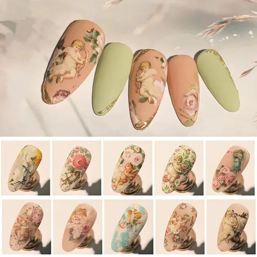 Vista 7 de 10 hojas de transferencia de lámina de uñas, diseño de flor de Cupido en ángulo, calcomanías de uñas, calcomanías de arte de uñas, tiras