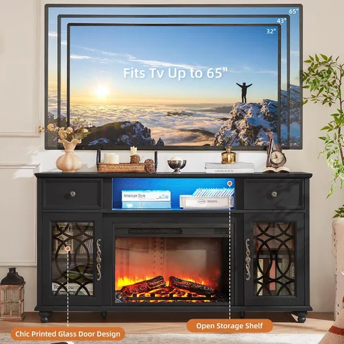 Vista 4 de Joaxswe - Soporte de TV estilo rústico con chimenea, centro de entretenimiento de 59 pulgadas con chimenea eléctrica y luces LED para televisores