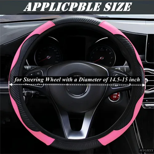 Vista 7 de Funda universal de microfibra para volante de automóvil, fibra de carbono elástica, 15 pulgadas, transpirable, antideslizante, protector de volante