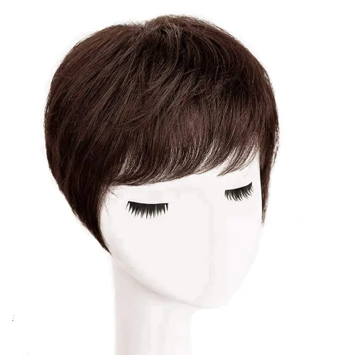 Vista 5 de Toppers de cabello humano con clip y flequillo, extensiones de cabello para mujeres con cabello delgado, 5.9 x 6.3 pulgadas, lacio, color marrón
