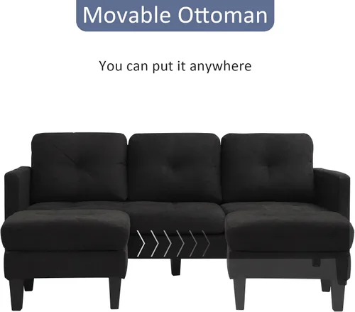 Vista 7 de Grepatio Sofá modular convertible, sofá en forma de L con tela de lino moderna para espacio pequeño (negro)