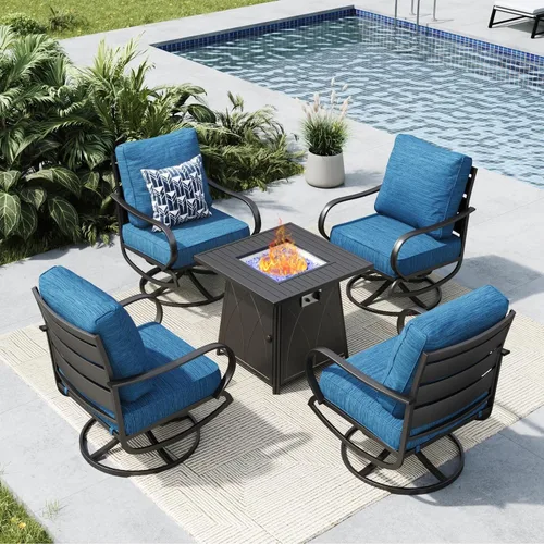 Vista 24 de MFSTUDIO Juego de 4 piezas de conversación para patio, marco de metal para todo tipo de clima, muebles de exterior con 1 mesa rectangular de propano