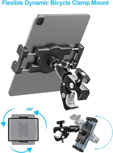 Vista 4 de Soporte de aluminio para tableta de bicicleta giratoria, abrazadera para manillar, soporte para tableta para bicicleta de ejercicio, cinta de correr