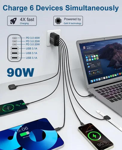 Vista 2 de Bloque de cargador USB C GaN de 90 W, cargador de pared USB C de 6 puertos de carga rápida, adaptador de corriente PD de 45 W para iPhone 17Pro