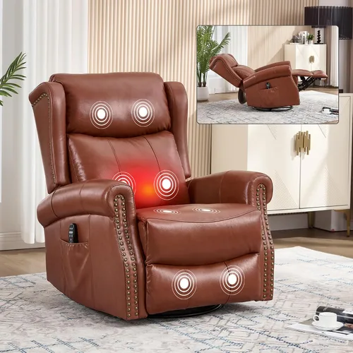 Vista 11 de Trustyue Silla reclinable de piel auténtica, reclinable manual con balancín giratorio, mecedora de masaje y calor, reclinable para guardería Azul