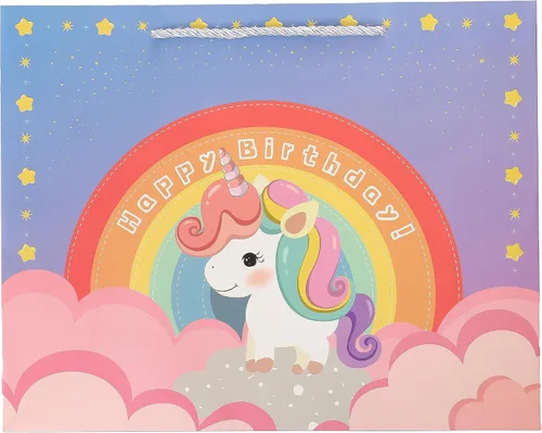 Vista 5 de jabberwpacking Bolsas de regalo grandes de 12.6 pulgadas con papel de seda para niñas, bolsa de regalo de cumpleaños de unicornio rosa