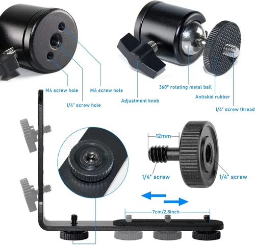 Vista 4 de EXMAX® Soporte para cámara de luz flash en forma de L de aleación de aluminio de metal con tornillo de 1/4 pulgadas + mini trípode de cabeza de bola