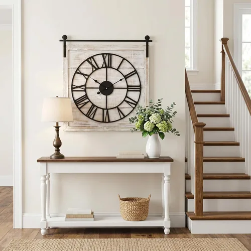 Vista 10 de EMAX HOME Reloj de pared grande estilo casa de campo, reloj de madera rústico cuadrado marrón de 24 pulgadas con letrero decorativo de madera