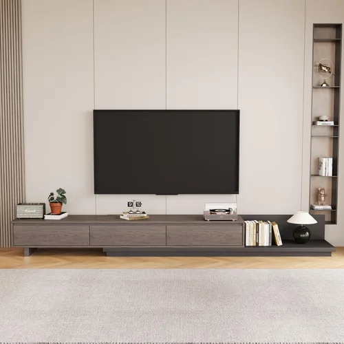 Vista 3 de Mid-Century - Mueble de TV extensible moderno con 3 cajones, centro de entretenimiento ajustable de 78.7 a 130 pulgadas, soporte de TV para sala